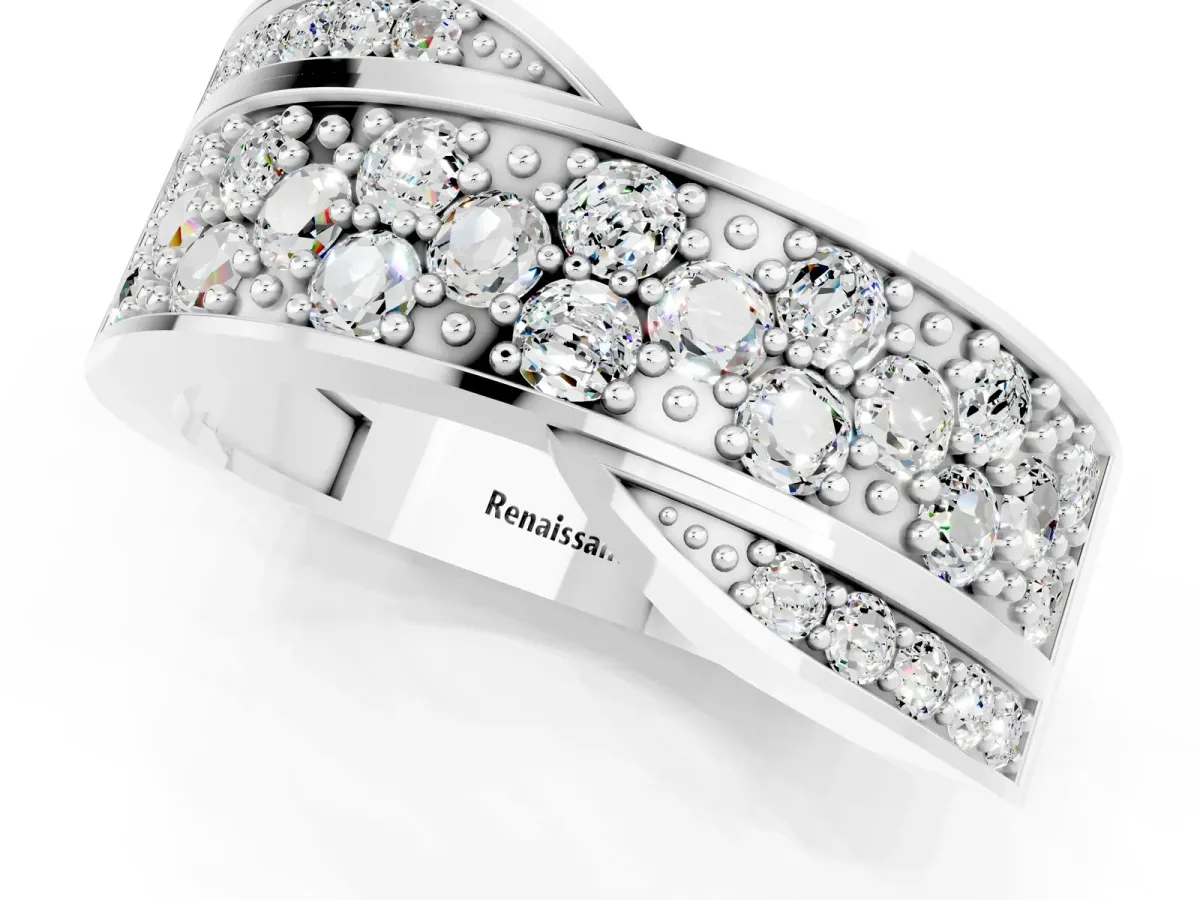 Pavé Round Moissanite Crossover Band with Bead Prong Setting Silver