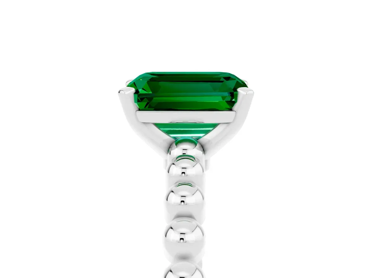 Emerald Cut Emerald Solitaire Ring with Beaded Band and Prong Setting Platinum