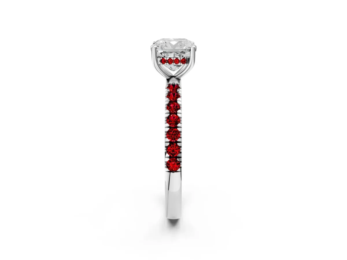 Cushion Cut Diamond Pave Band Solitaire Ring with Round Ruby and Prong Setting Platinum