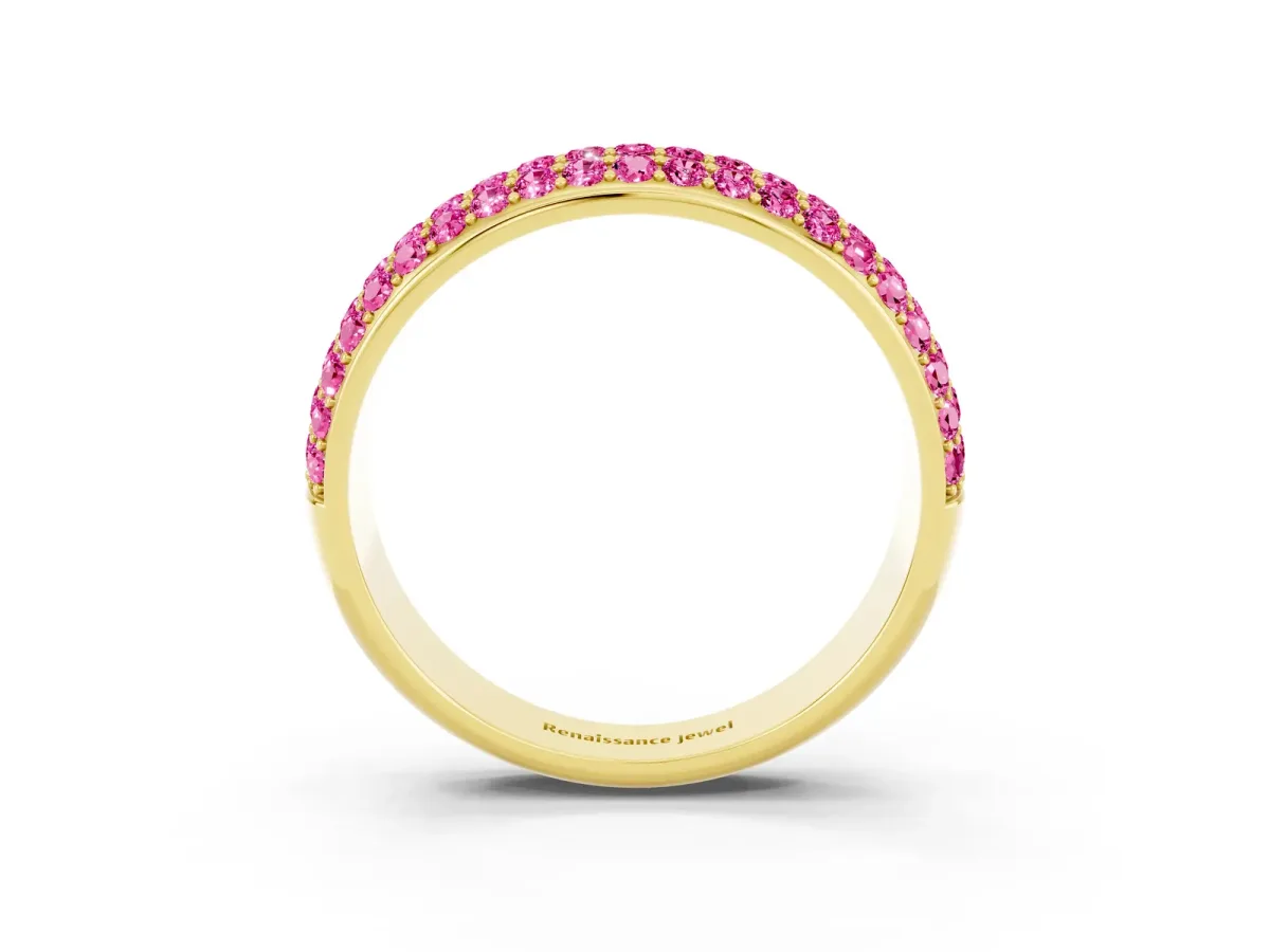 Three-Row Round Pink Sapphire Eternity Band with Shared Prong Setting Yellow gold