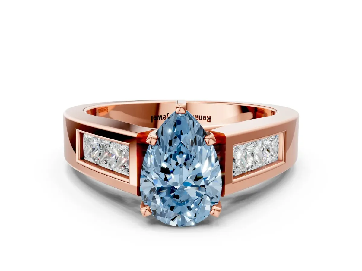 Fancy Blue Pear Cut Cut Channel Set Solitaire Ring with Four-Prong Setting Rose gold