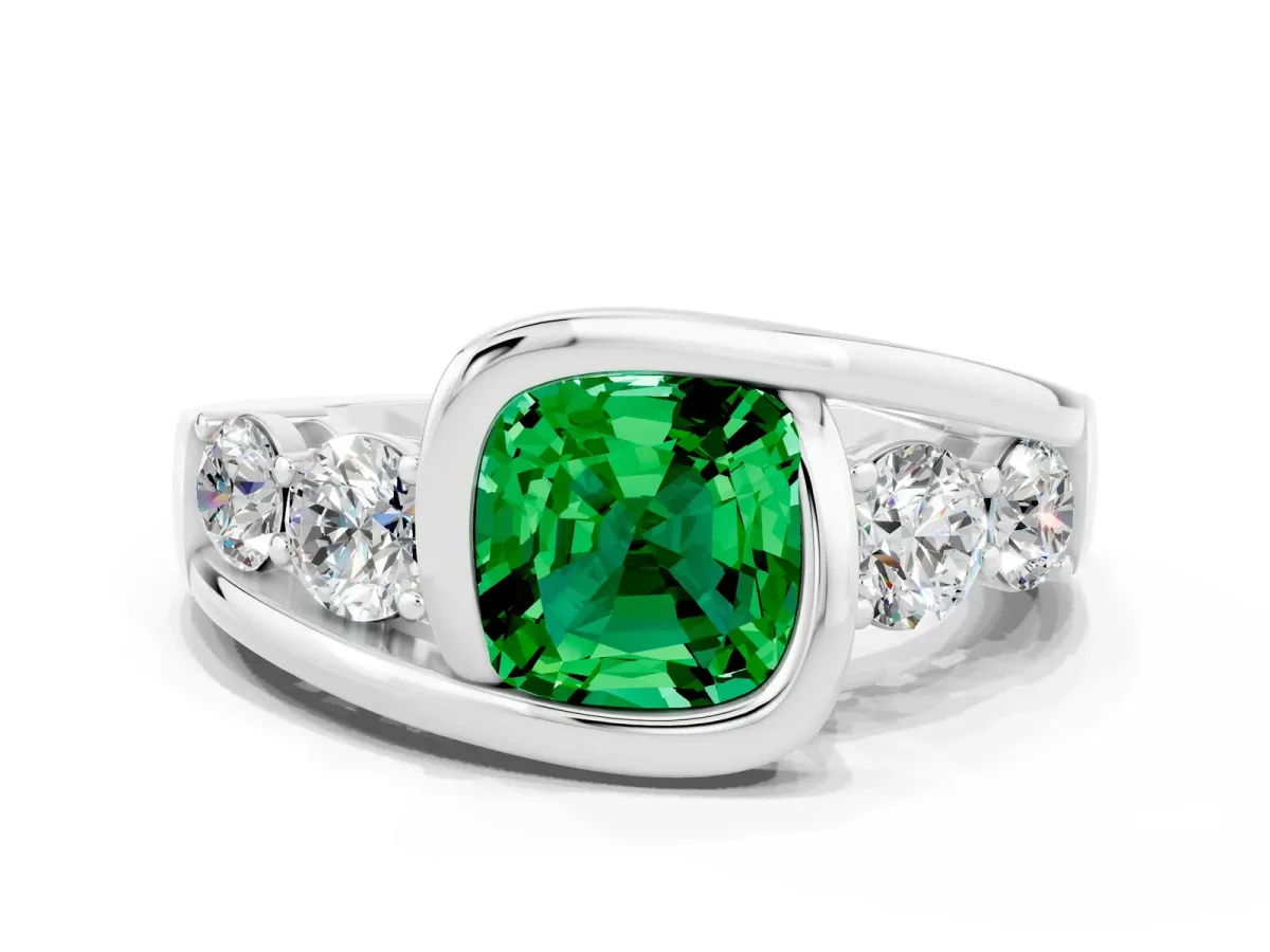 Bezel Set Cushion Cut Emerald Bypass Ring with Round Accents Silver