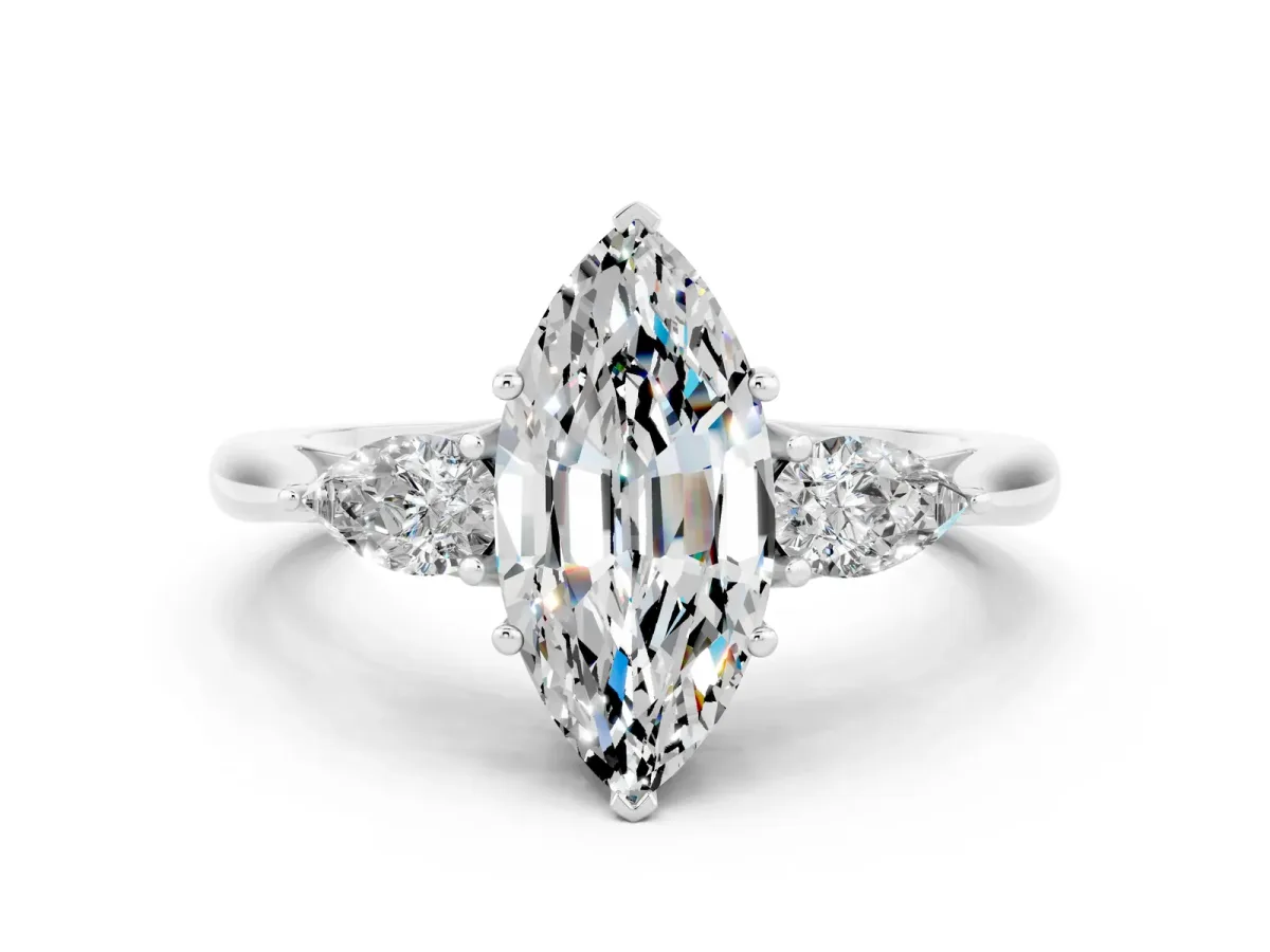 Marquise Cut Moissanite Three-Stone Ring with Pear Side Stones and Prong Setting Silver