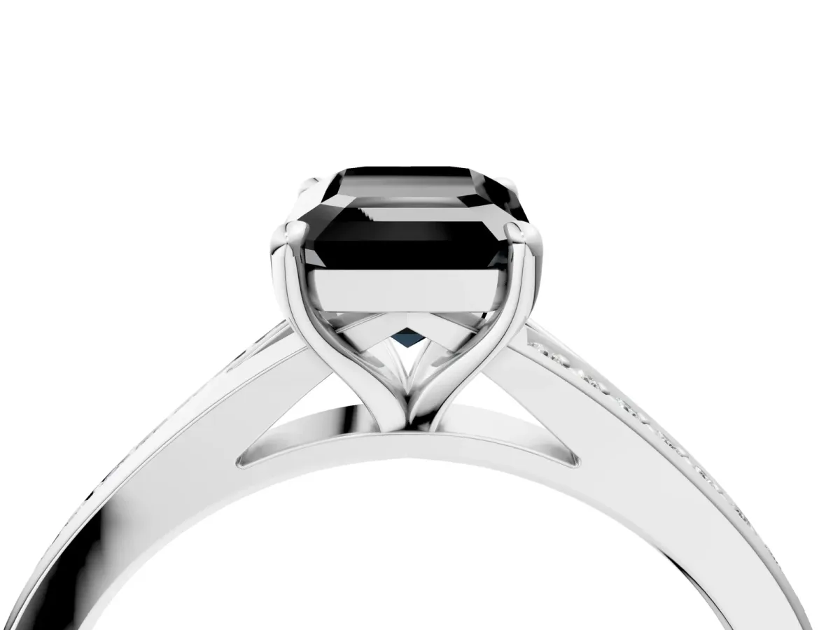 Fancy Black Emerald Cut Diamond Solitaire Ring with Pavé Band and Prong Setting Silver