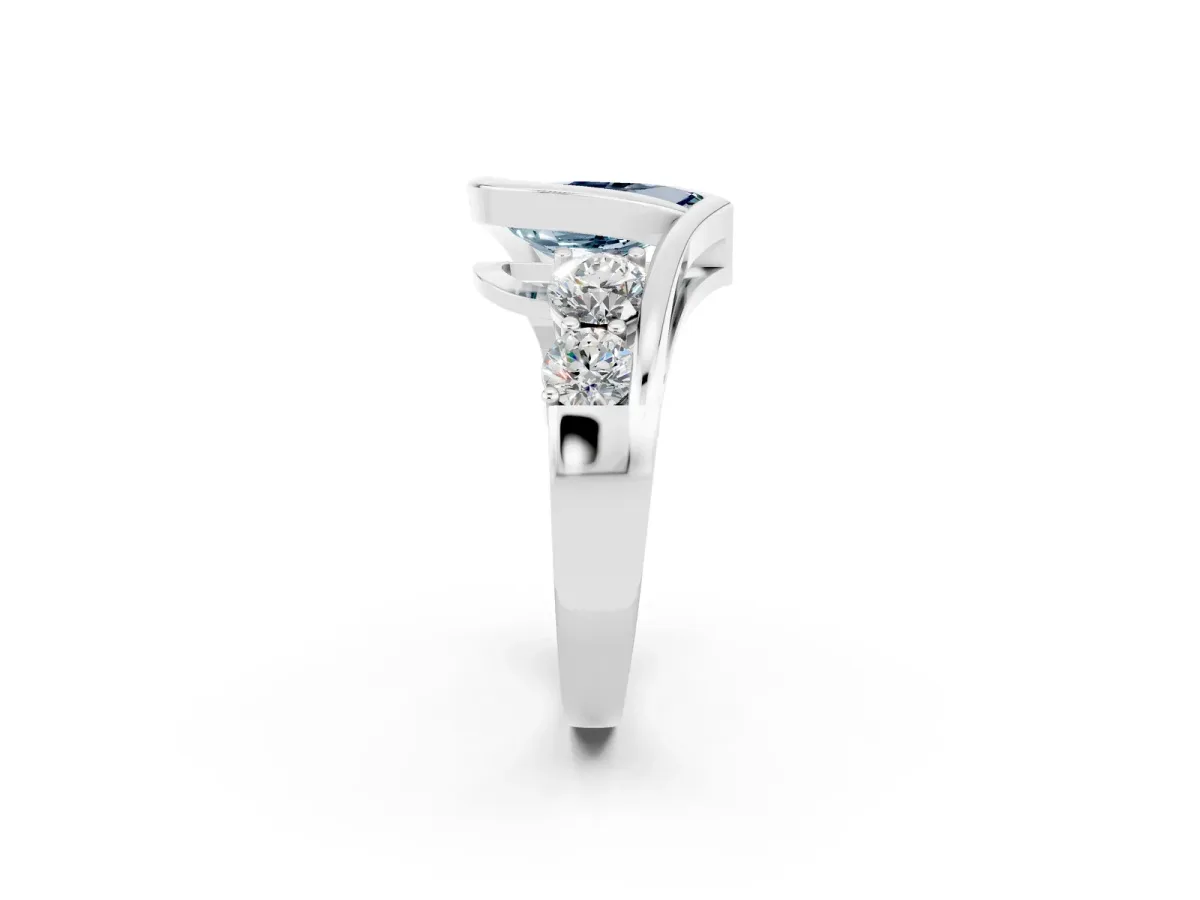 Bezel Set Pear Cut Aquamarine Bypass Ring with Round Accents Silver