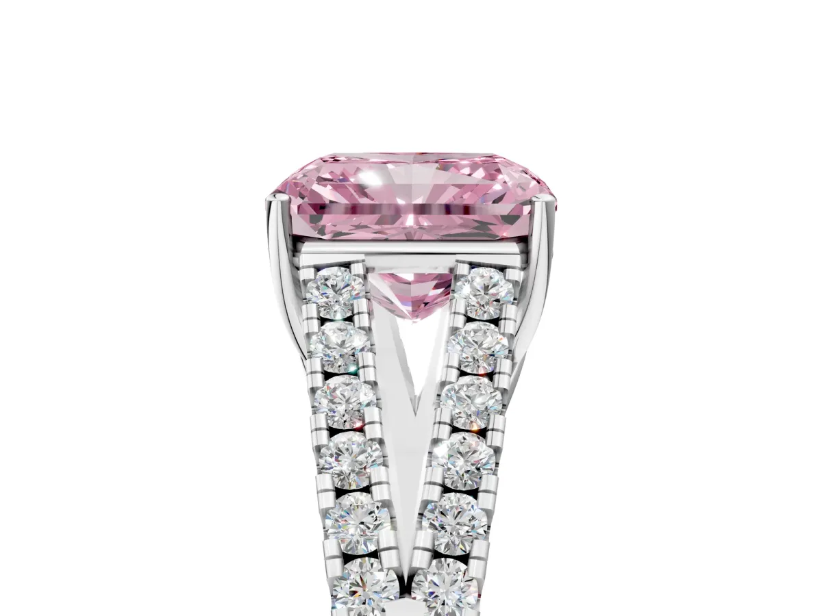 Fancy Pink Radiant Cut Diamond Split Shank Engagement Ring with Round Pavé and Prong Setting Platinum
