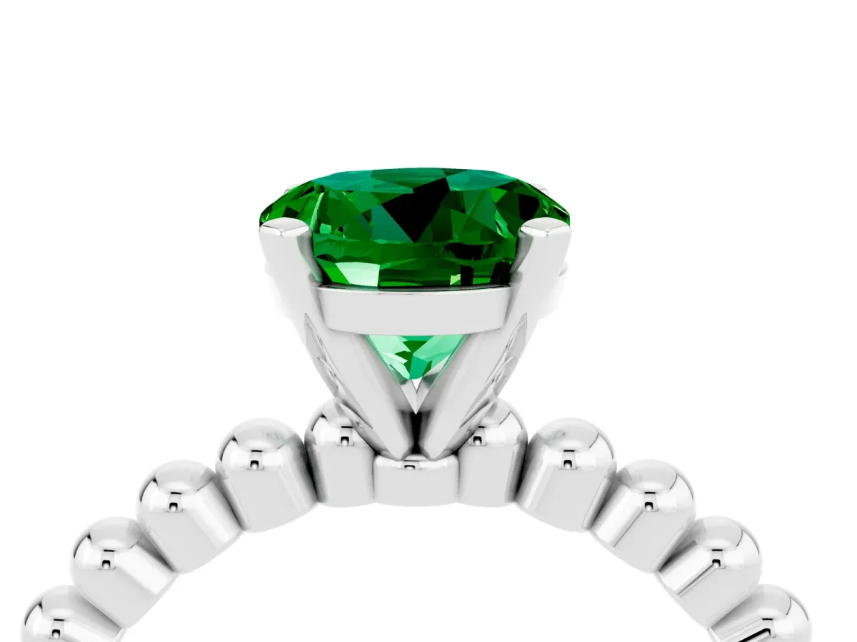 Round Cut Emerald Solitaire Ring with Beaded Band and Prong Setting Platinum