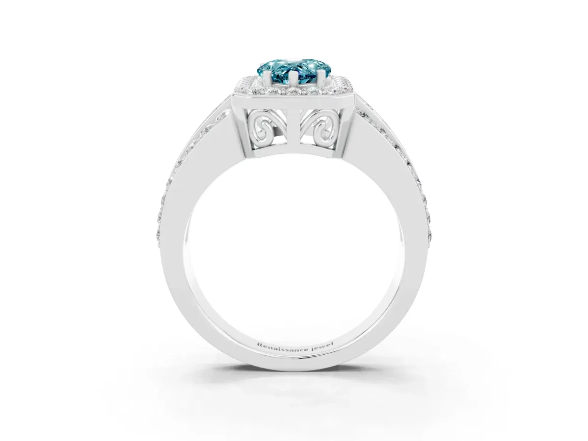 Pear Cut Halo Blue Topaz Ring with Round Split Shank and Prong Setting Silver