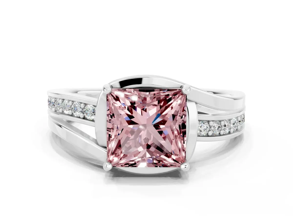 Princess Cut Morganite Solitaire Ring with Split Shank and Prong Setting Platinum