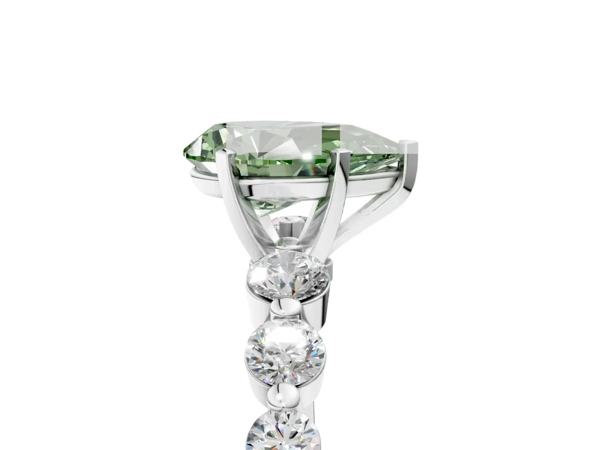 Fancy Green Pear Cut Solitaire Diamond Ring with Pave Band and Four-Prong Setting Platinum