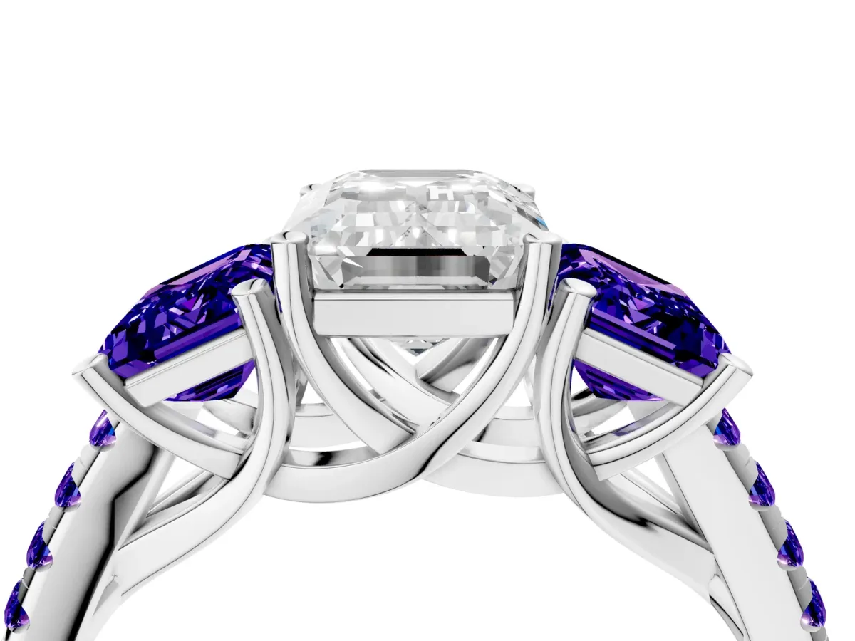 Three-Stone Emerald Cut Diamond Ring with Round Tanzanite Pavé Band and Prong Setting Silver