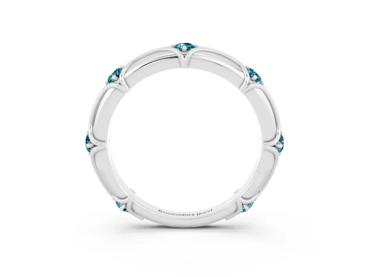 Round Blue Topaz Prong Set Milgrain Eternity Band Platinum