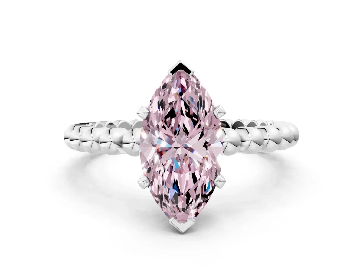Fancy Pink Marquise Cut Diamond Solitaire Ring with Beaded Band and Prong Setting Silver