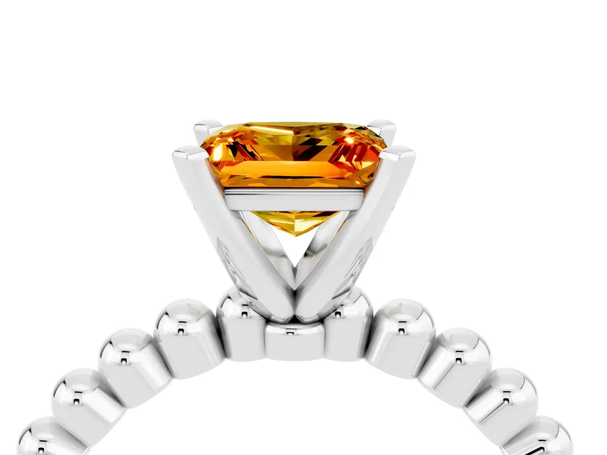 Princess Cut Citrine Solitaire Ring with Beaded Band and Prong Setting Silver