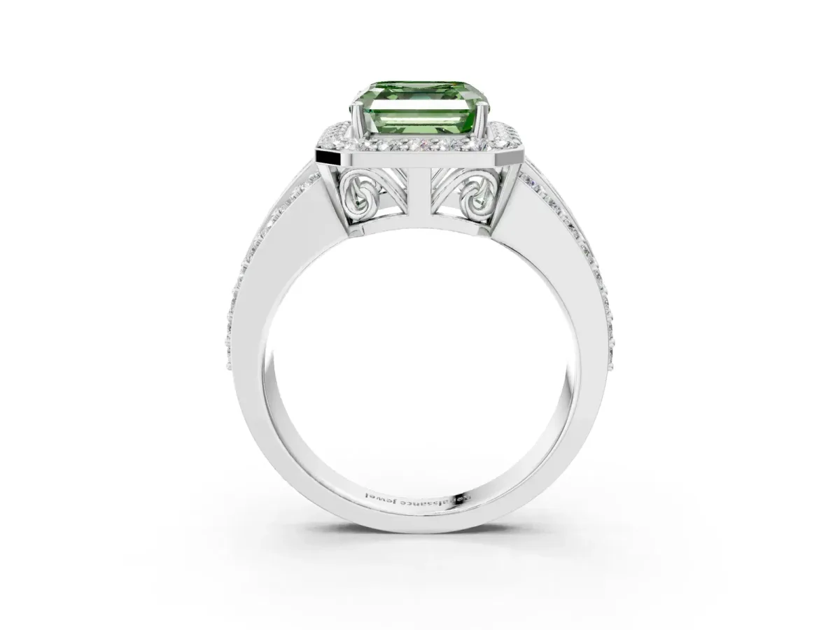 Fancy Green Asscher Cut Halo Diamond Ring with Round Split Shank and Prong Setting Platinum