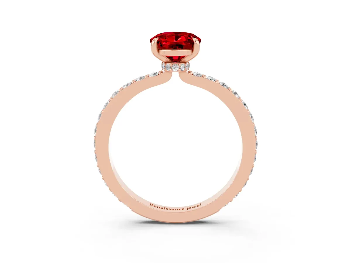Oval Cut Ruby Solitaire Engagement Ring with Pavé Band and Four-Prong Setting Rose gold