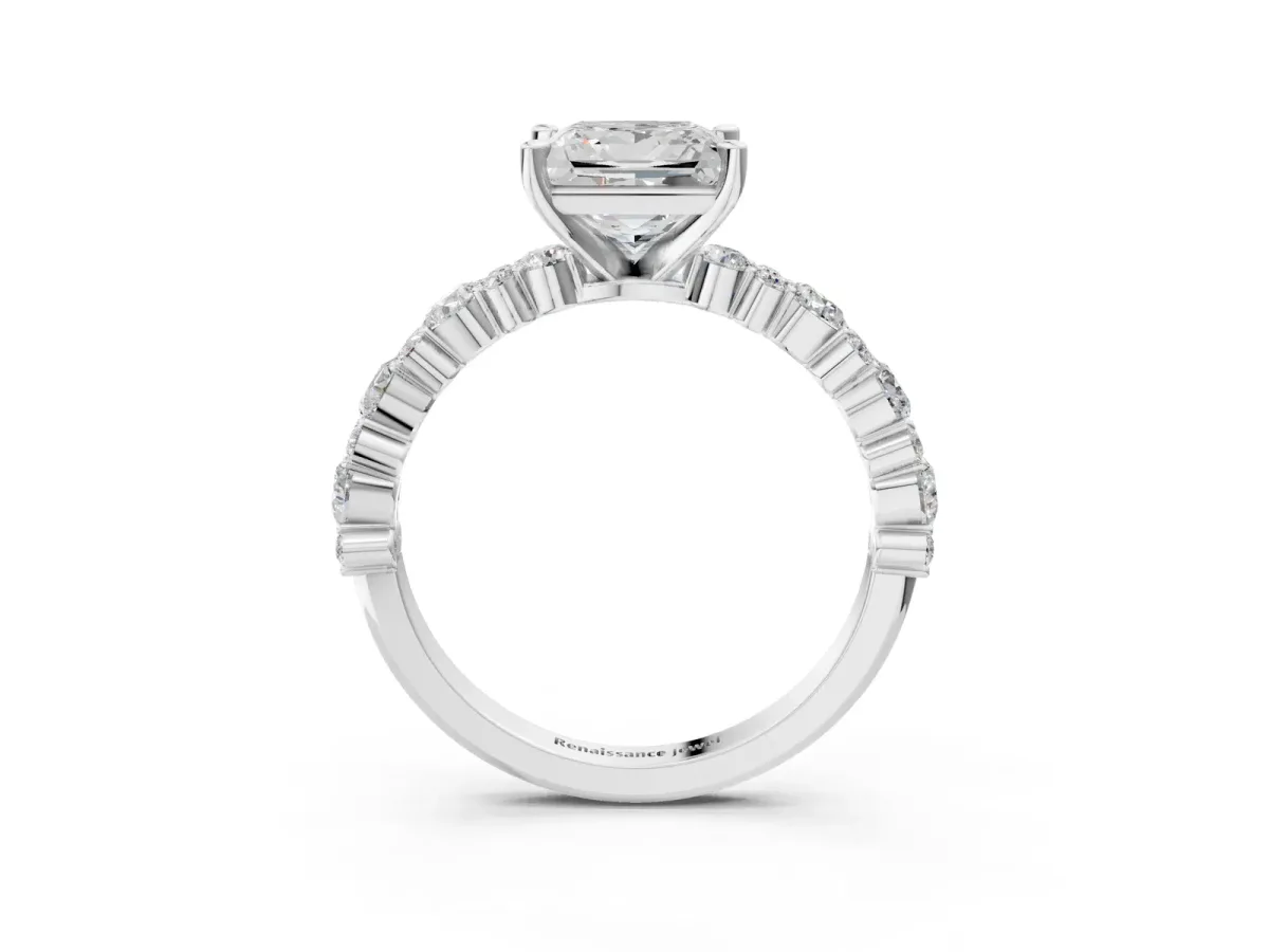 Princess Cut Diamond Side Stone Solitaire Ring with Round and Four-Prong Setting White gold