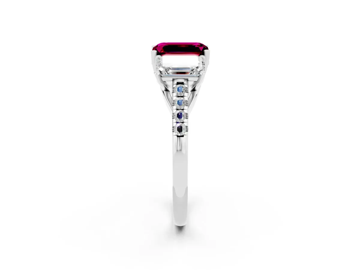 Three-Stone Emerald Cut Garnet Ring with Round Pavé Band and Prong Setting Platinum