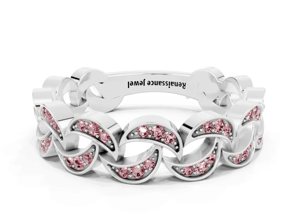 Pavé Round Morganite Interlocking Eternity Band with Bezel Prong Setting Silver