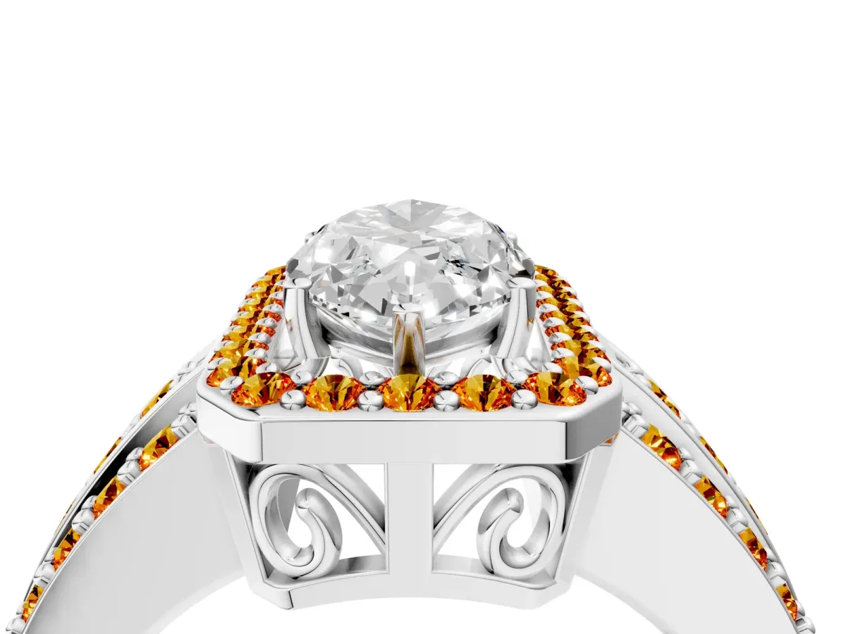 Marquise Cut Halo Diamond Ring with Round Citrine Split Shank and Prong Setting Silver