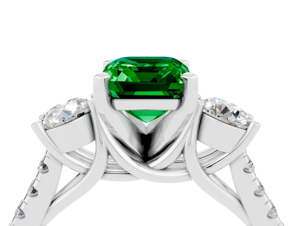 Three-Stone Emerald Cut Emerald Pavé Band with Four-Prong Setting Silver