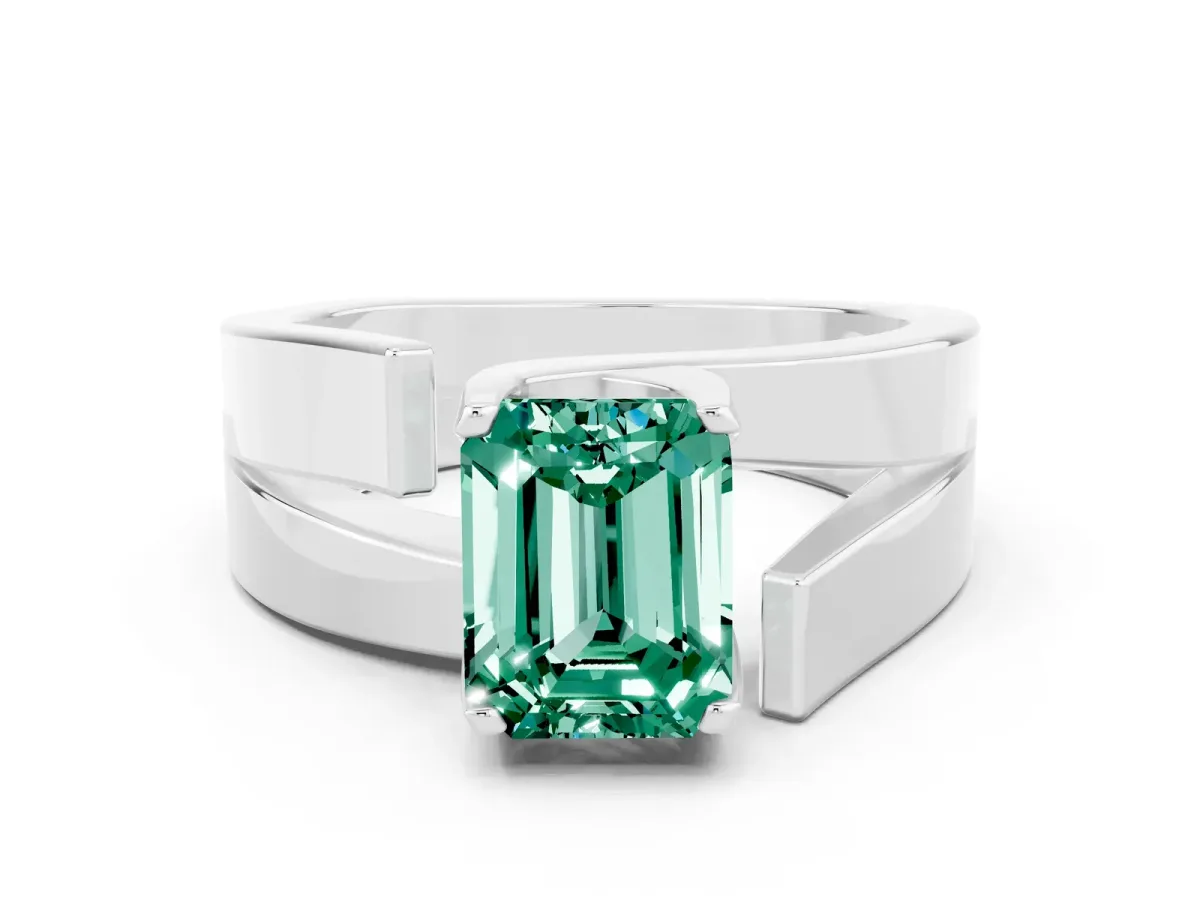 Modern Tension Set Emerald Cut Green Sapphire Solitaire Wide Band Ring Silver