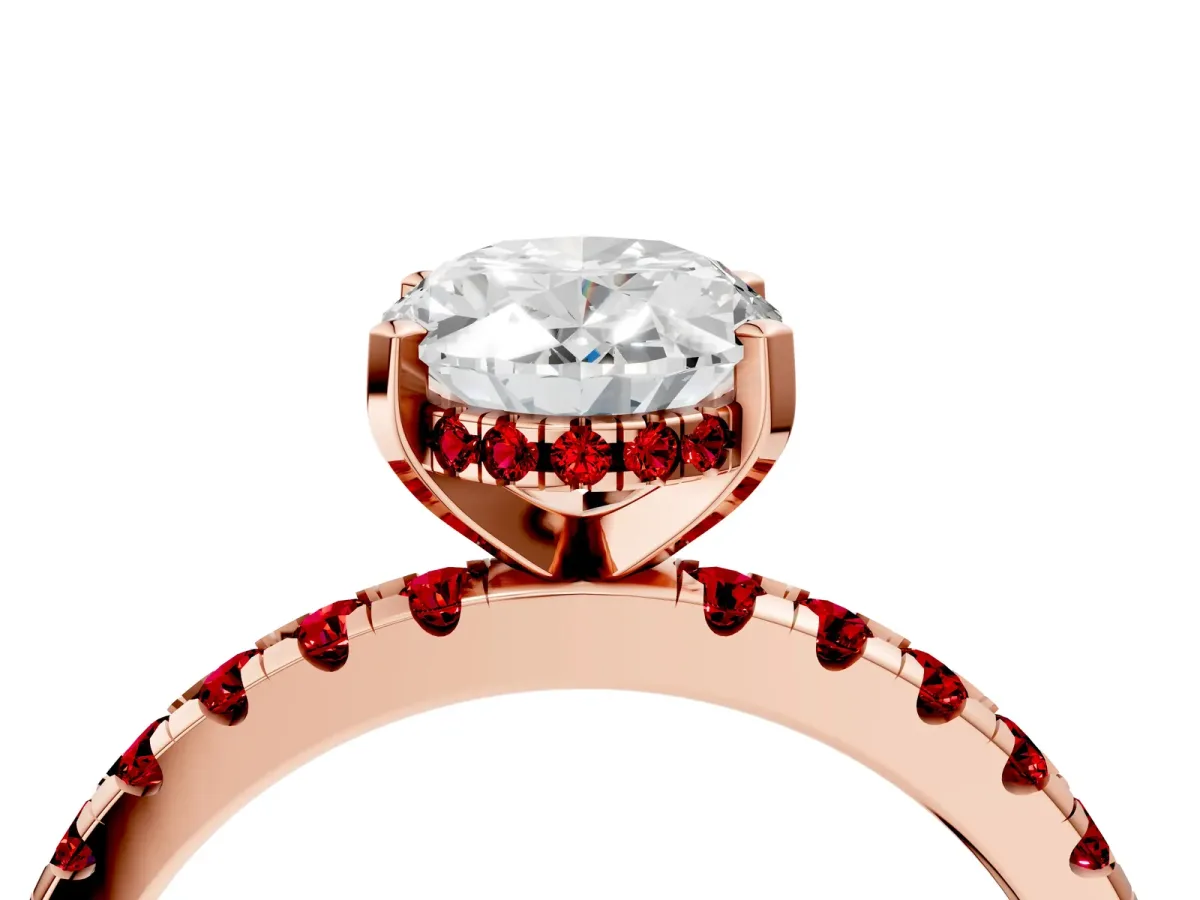 Oval Cut Diamond Solitaire Ring with Round Ruby Pavé Band and Four-Prong Setting Rose gold