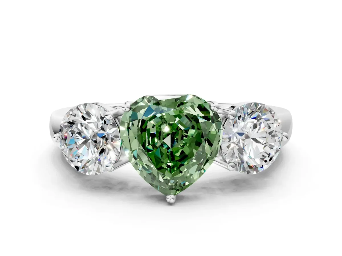 Fancy Green Heart Cut Diamond Three-Stone Ring with Prong Setting and Classic Band Platinum