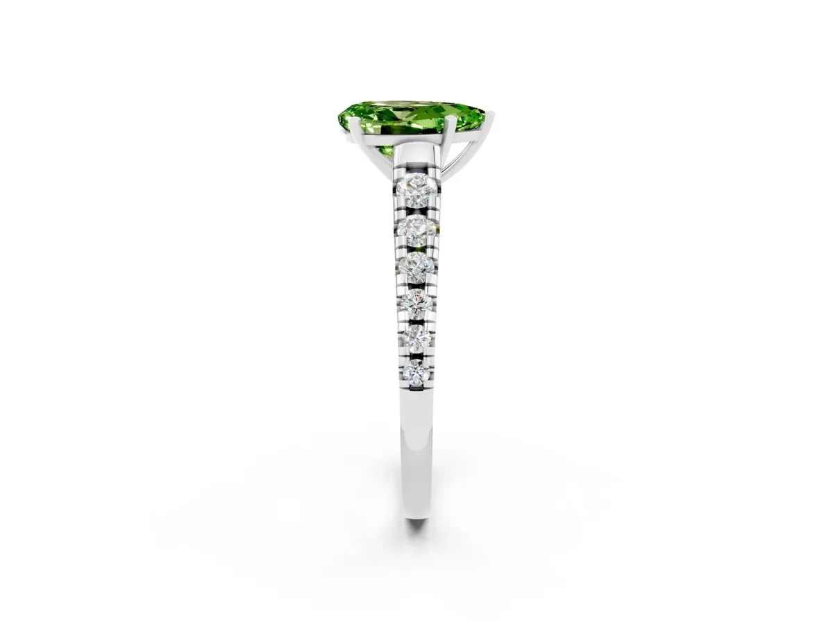 Pear Cut Peridot Cathedral Solitaire Ring with Round Pavé Band Silver