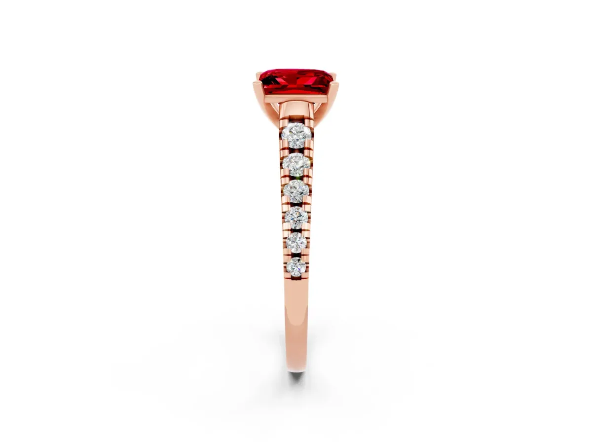 Princess Cut Ruby Cathedral Solitaire Ring with Round Pavé Band Rose gold
