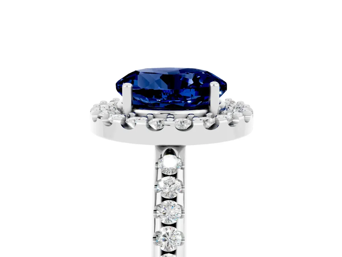 Round Cut Blue Sapphire Pavé Halo Ring with Four-Prong Setting Platinum
