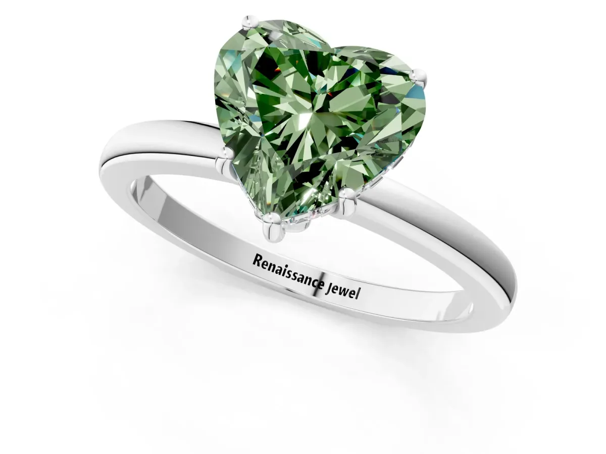 Fancy Green Heart Cut Solitaire Diamond Ring with Prong Setting and Plain Band Silver