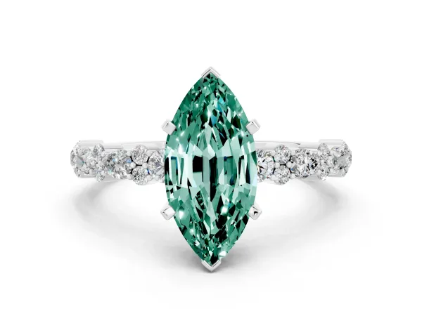 Marquise Cut Green Sapphire Side Stone Solitaire Ring with Round and Four-Prong Setting White gold