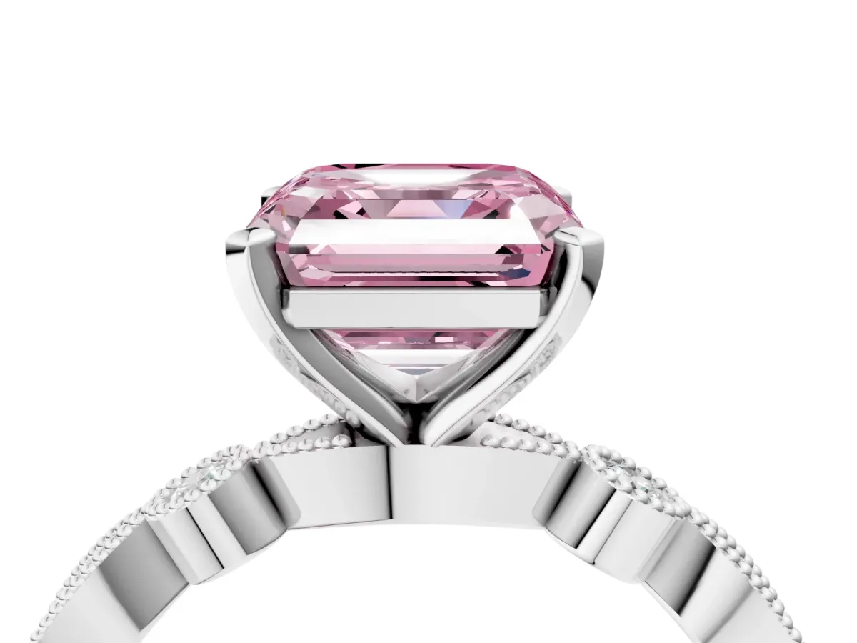 Fancy Pink Asscher Cut Milgrain Bezel Diamond Engagement Ring with Solitaire Prong Setting Platinum