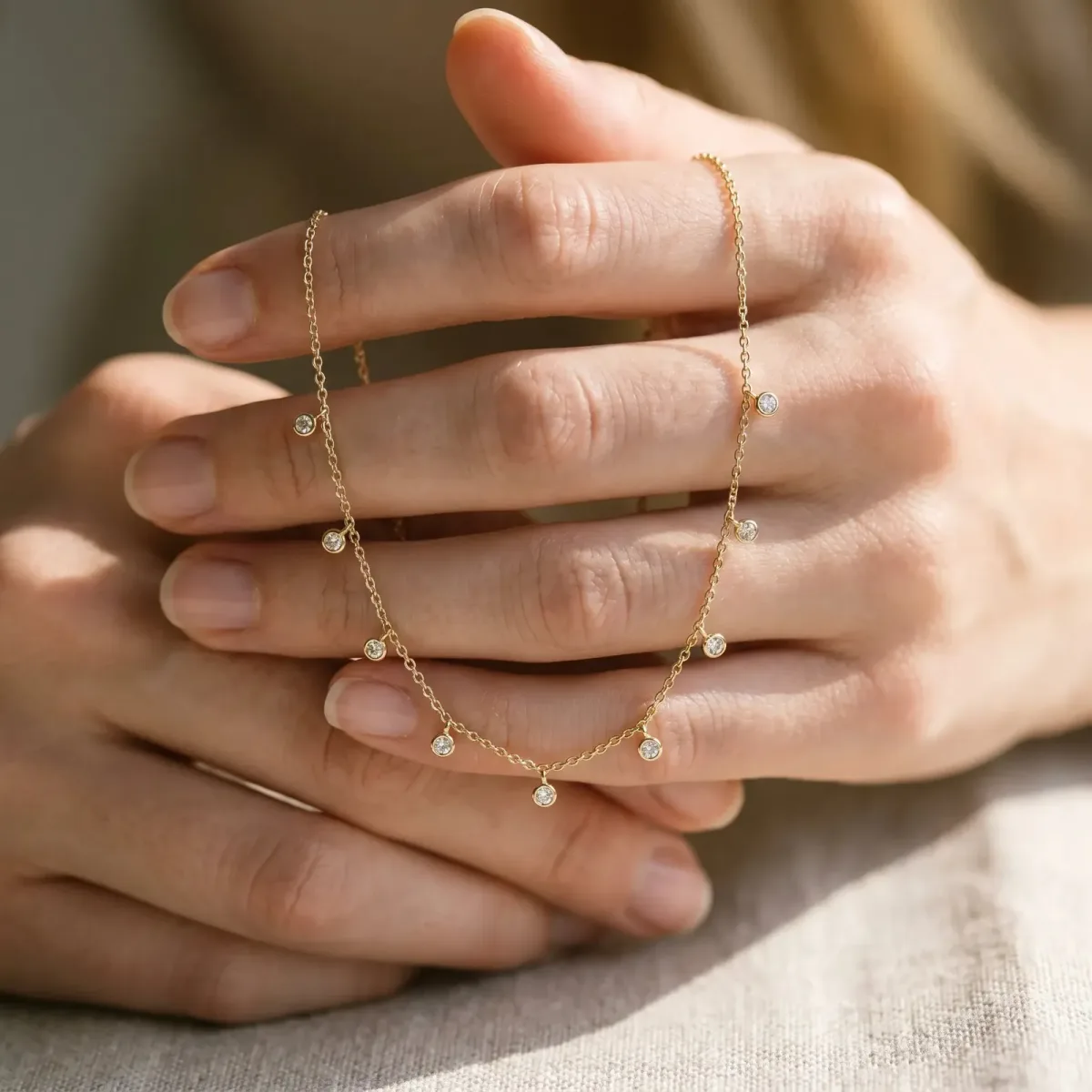 Round Bezel Set Diamond Station Necklace with Cable Chain Yellow gold