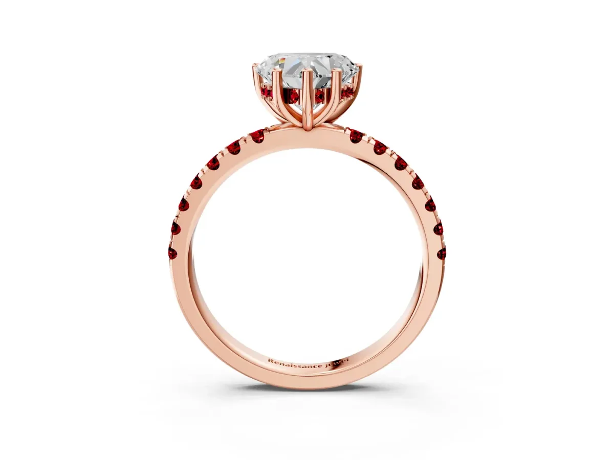 Heart Cut Diamond Pave Band Solitaire Ring with Round Ruby and Prong Setting Rose gold