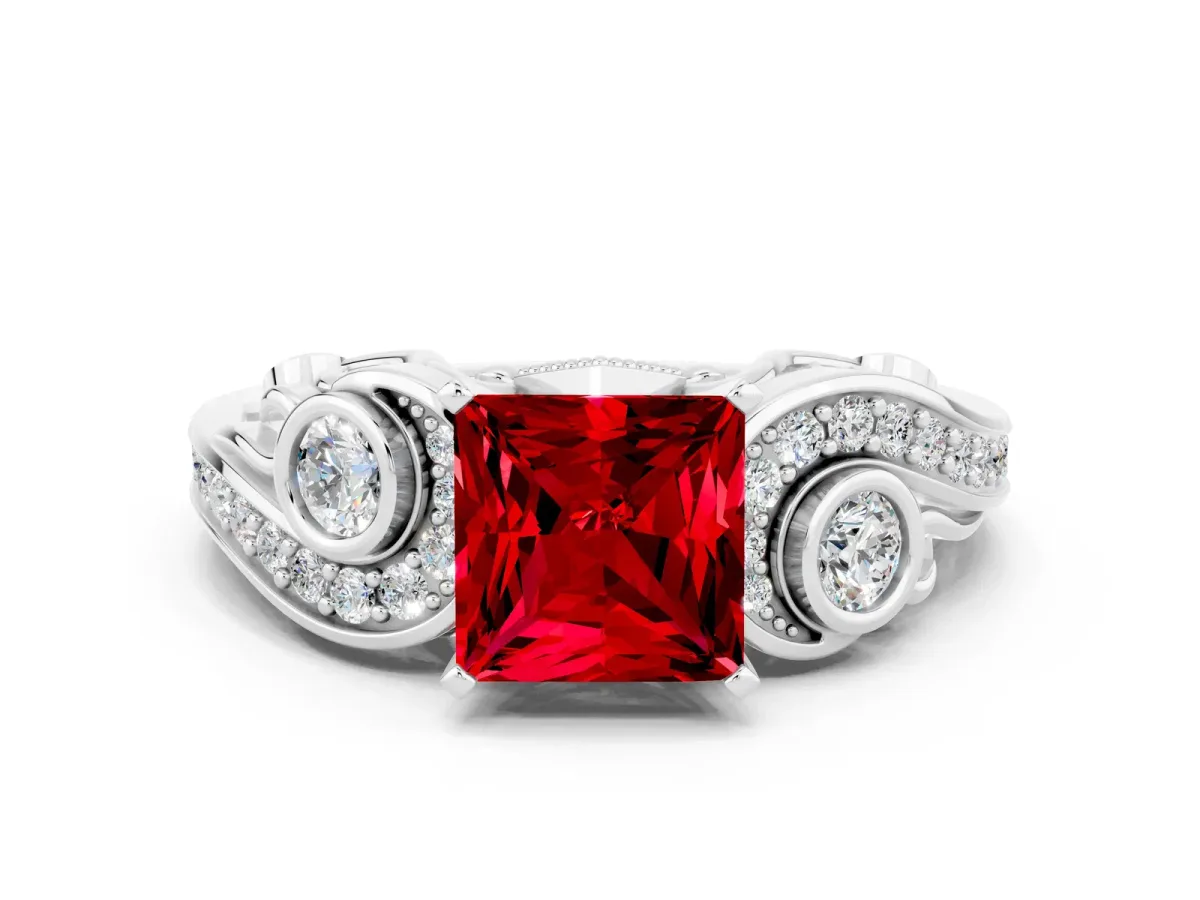 Princess Cut Ruby Solitaire Ring with Milgrain Pavé Band and Four-Prong Setting Platinum