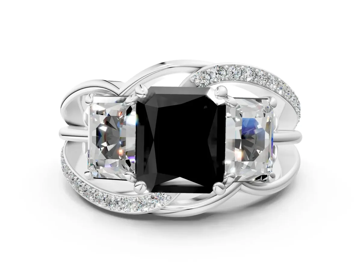 Fancy Black Three-Stone Radiant Cut Cut Diamond Split Shank Prong Set Ring Platinum