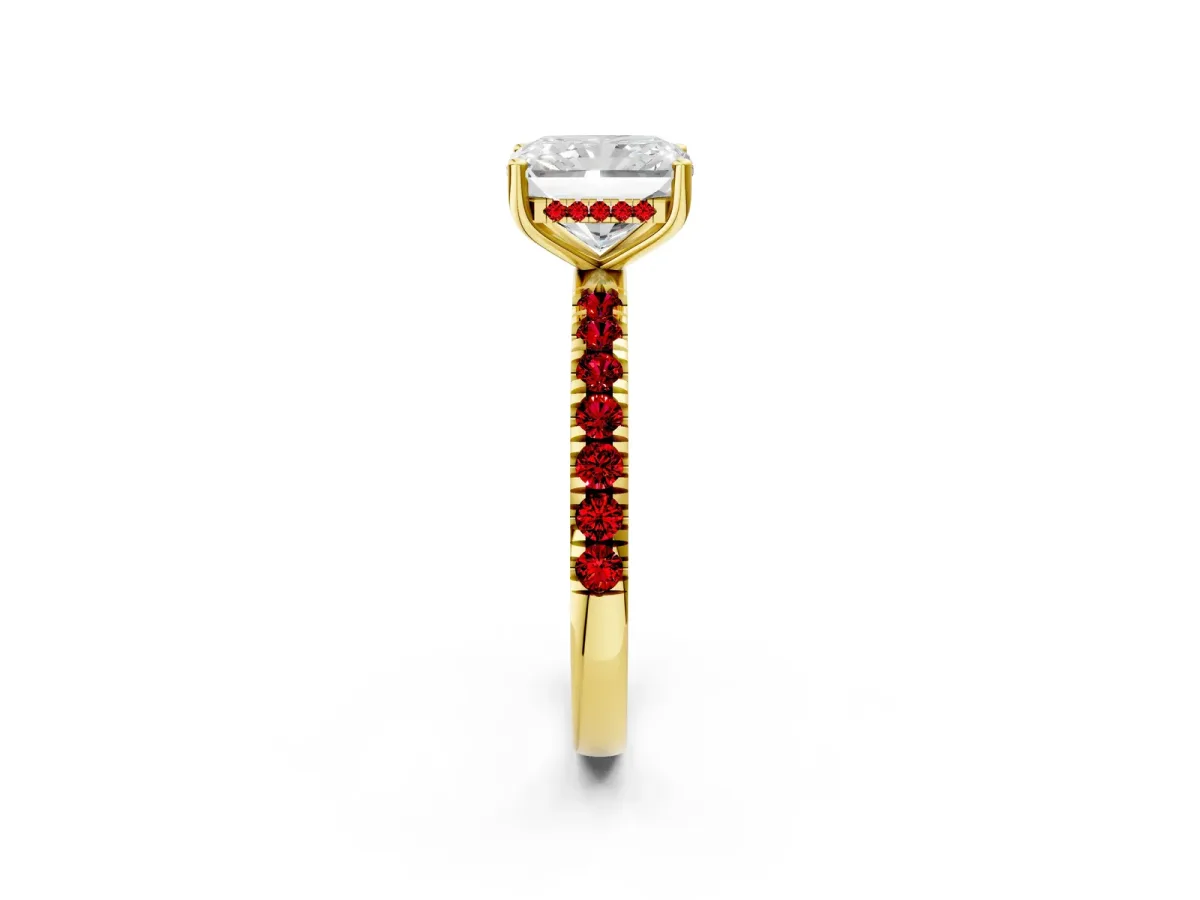 Radiant Cut Diamond Pave Band Solitaire Ring with Round Ruby and Prong Setting Yellow gold