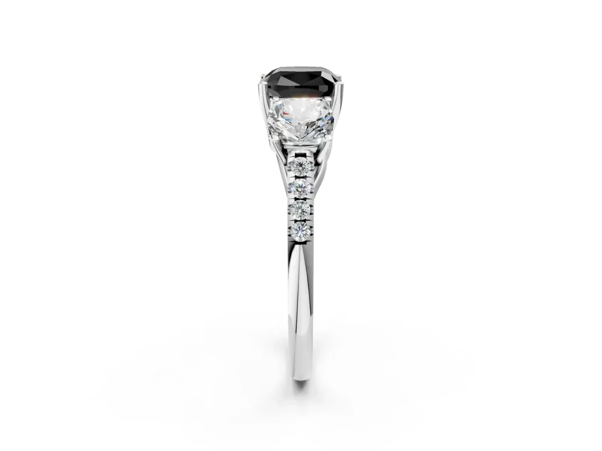 Fancy Black Three-Stone Cushion Cut Diamond Ring with Round Pavé Band and Prong Setting Silver