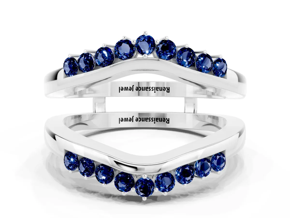 Round Blue Sapphire Chevron Contour Band with Prong Setting Platinum