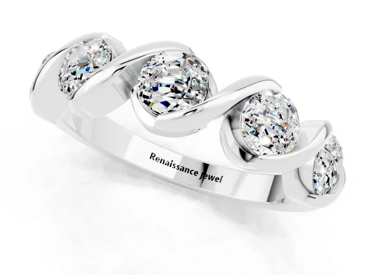 Round Moissanite Wave Band with Channel Setting and Shared Prongs Platinum