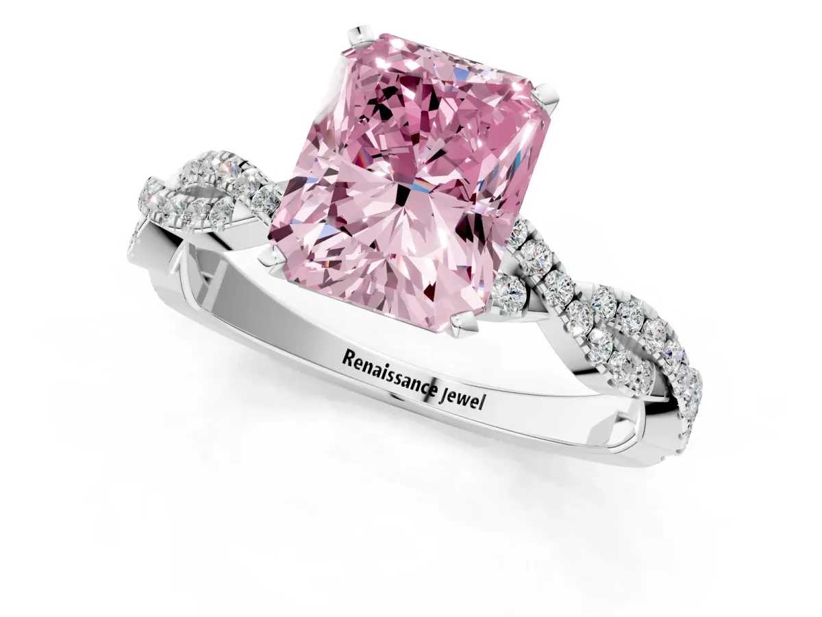 Fancy Pink Radiant Cut Solitaire Twisted Pave Band with Four-Prong Setting Platinum