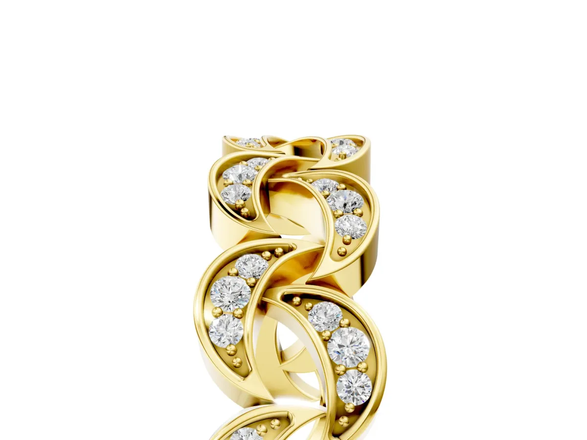 Pavé Round Diamond Interlocking Eternity Band with Bezel Prong Setting Yellow gold