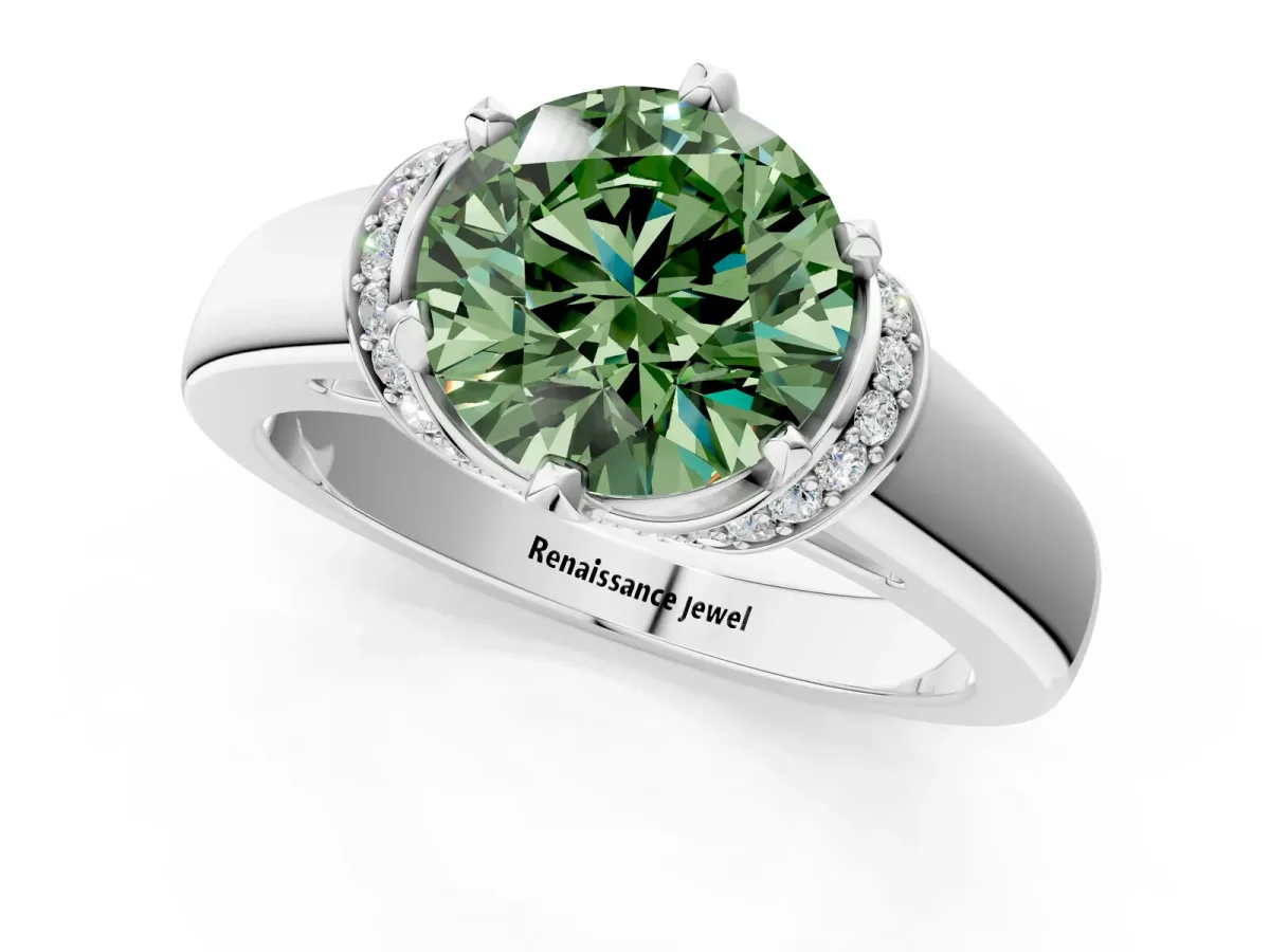 Fancy Green Round Cut Solitaire Diamond Ring with Pave Band and Six-Prong Setting Silver