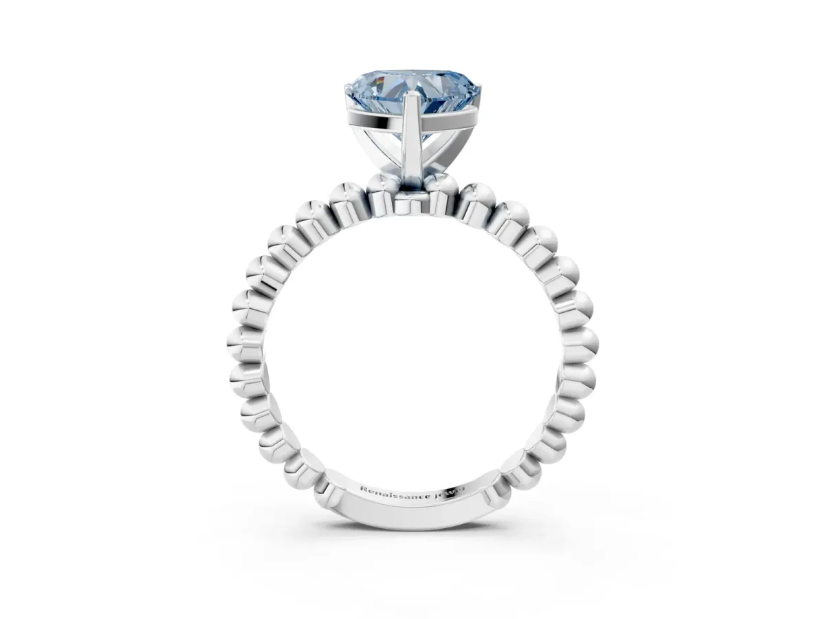 Fancy Blue Heart Cut Diamond Solitaire Ring with Beaded Band and Prong Setting Silver