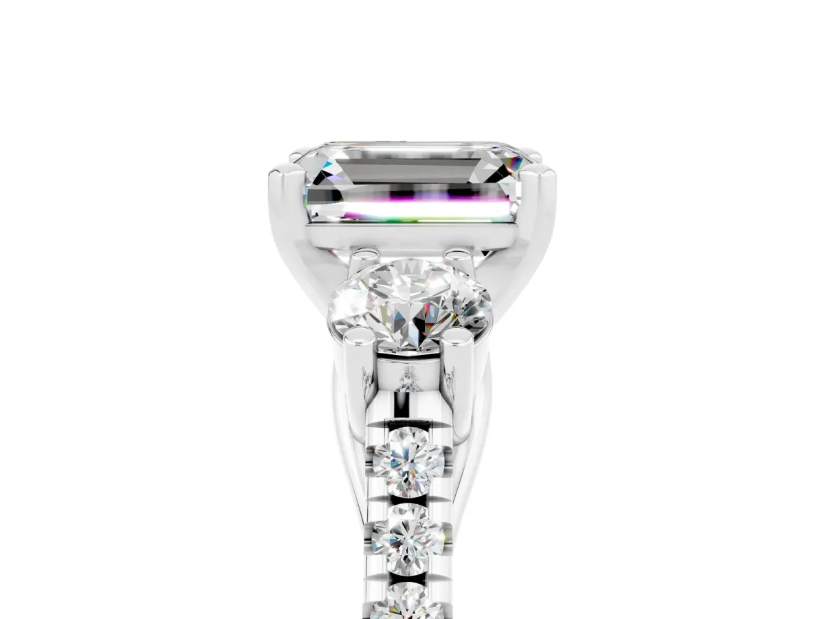 Three-Stone Emerald Cut Moissanite Pavé Band with Four-Prong Setting Silver