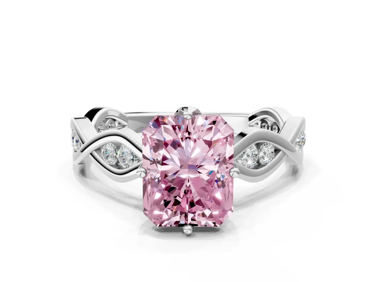 Fancy Pink Radiant Cut Solitaire Twist Band with Leaf Prong Setting Platinum