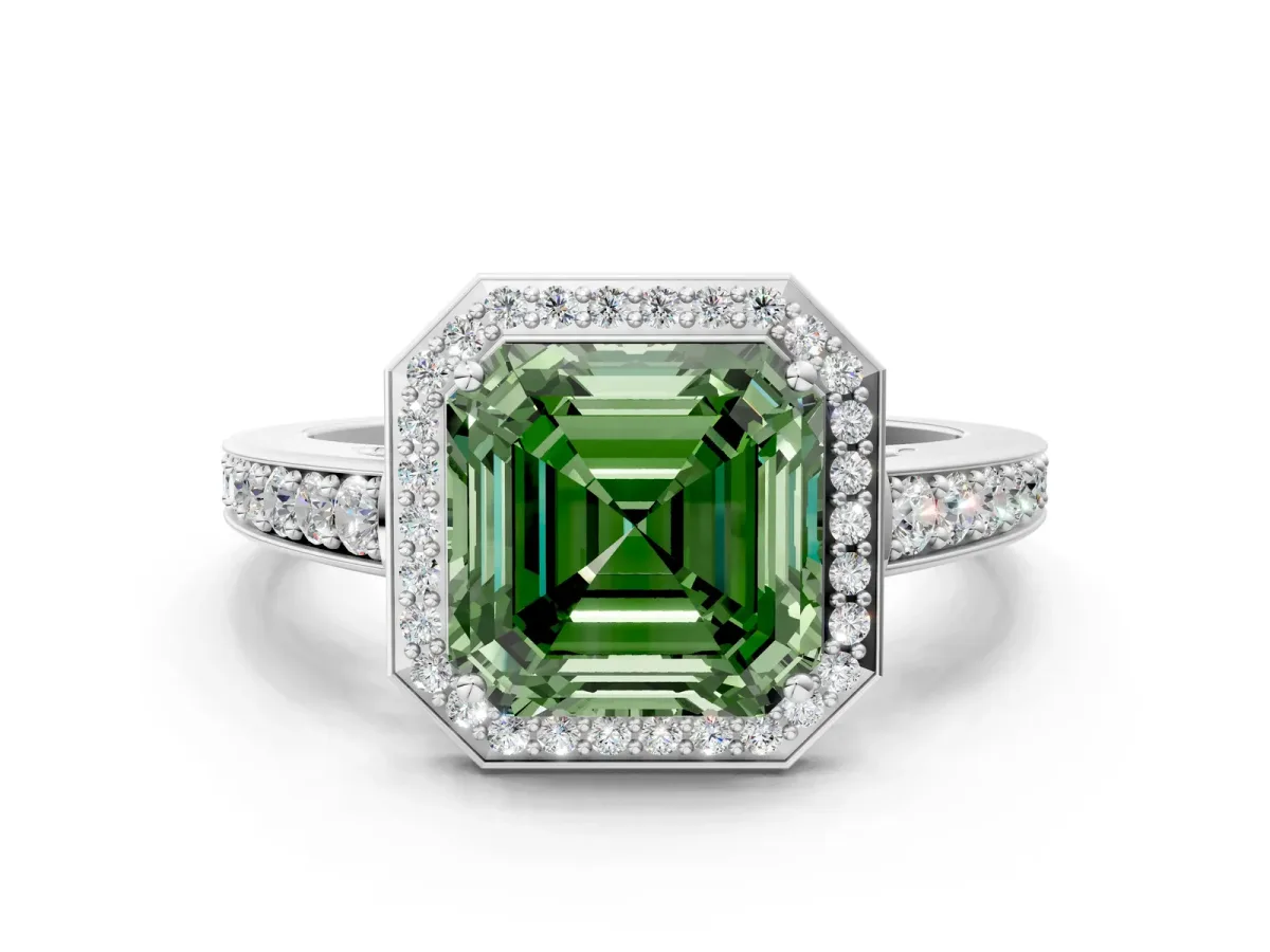 Fancy Green Asscher Cut Halo Pavé Diamond Engagement Ring with Bezel Setting Silver