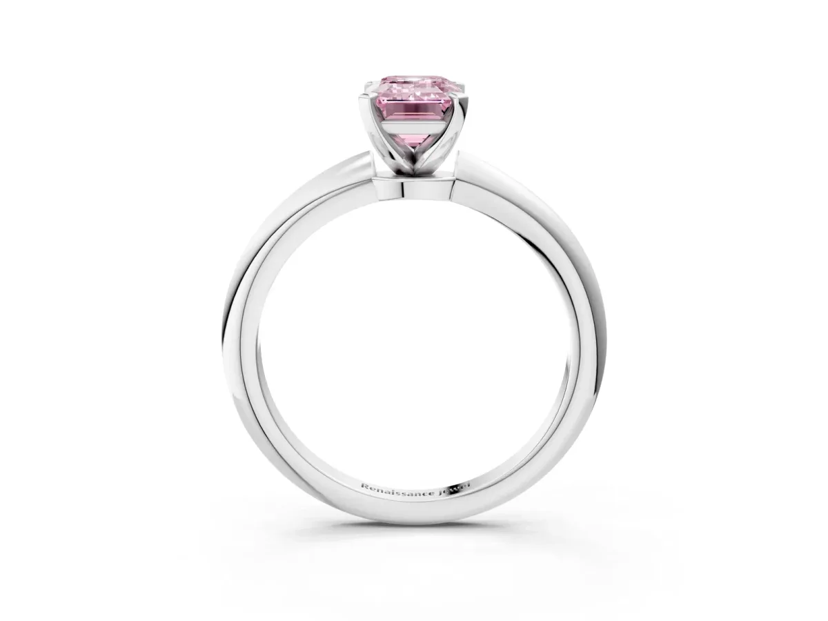 Fancy Pink Emerald Cut Diamond Solitaire Ring with Six-Prong Setting and Classic Band Silver